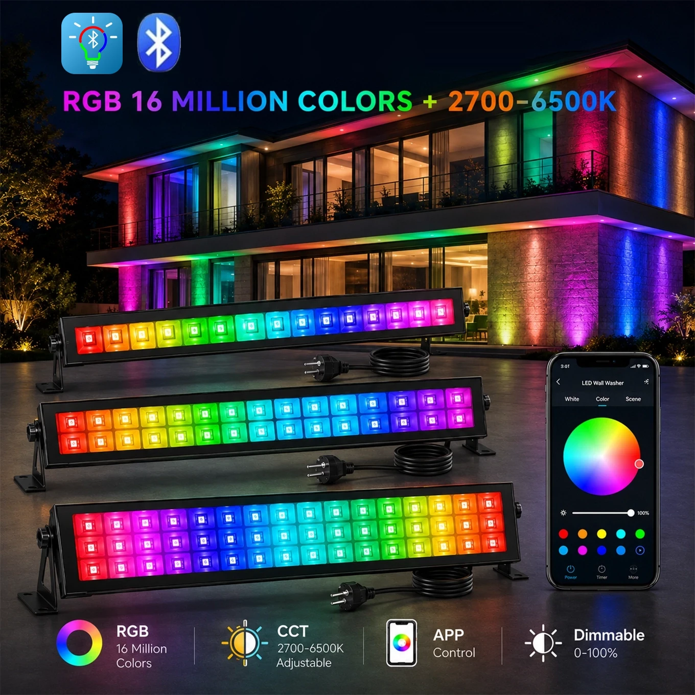 Tre barre lineari LED RGB+CCT accese davanti a una villa illuminata di notte, con lo smartphone e l'app Fi Light per il colore